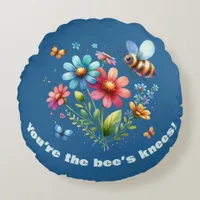 Watercolor Monogram You're the Bee's Knees BLUE Round Pillow