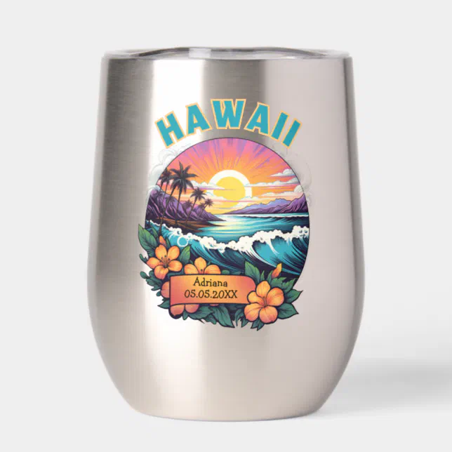 Sunset at Hawaii Beach Mountains Tropical Plumeria Thermal Wine Tumbler