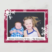 Christmas Maroon Snowflakes Family Photo Card