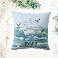 Cute Blue With Name Sail Away  Throw Pillow