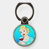Cheers Hand drawn Retro Pop Art Lady with Wine Phone Ring Stand