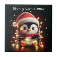 Cute Penguin Wrapped in Christmas Lights Ceramic Tile