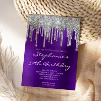 Silver Glitter Drips Indigo Purple 50th Birthday Invitation