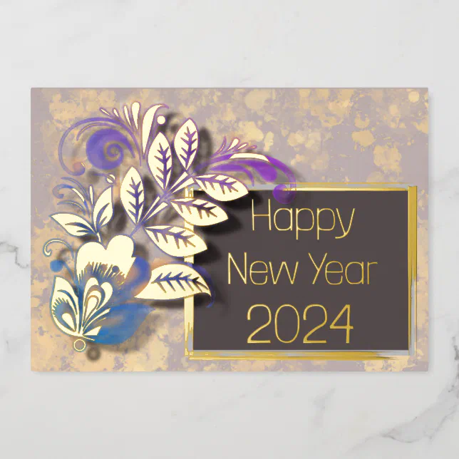 Leaves and flowers for a happy new year blue purpl foil invitation