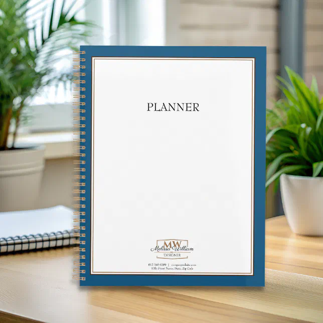 Simple Blue White Monogram Business Planner