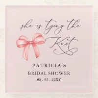 She is tying the knot pink bow Bridal Shower Glass Coaster