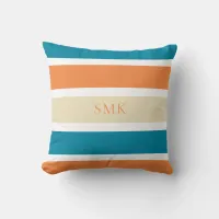 Turquoise Teal Summer Orange Stripes Monogram Throw Pillow