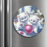 Adorable White Kittens Pink Christmas   Magnet