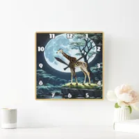 Giraffe Under Full Moon by Tranquil Water Square Wall Clock