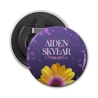 Elegant Golden Daisy with Purple Glitter Wedding Bottle Opener