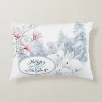 Cute White Rabbits in Snow Winter Holiday Accent Pillow