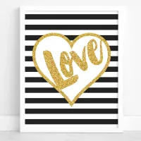 Love Black & White Gold Glitter Stripes Poster