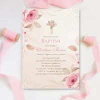 Pink Rose Watercolor Floral Baptism Invitation