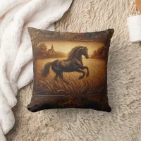 Majestic Horse Running Through Golden Fields Throw Pillow