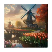 Windmill in Dutch Countryside by River with Tulips Ceramic Tile