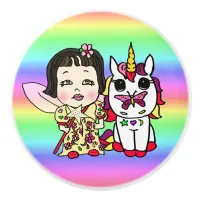 Red Whimsical Folk Art Asian Fairy and Unicorns Ceramic Knob