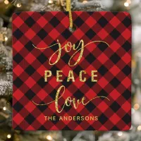 Buffalo Plaid Joy Peace Love Monogram Christmas Ceramic Ornament