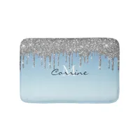 Monogram Ice Blue Metallic Silver Glitter Dripping Bath Mat