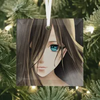 Brown Haired Blue Eyed Anime Girl Glass Ornament