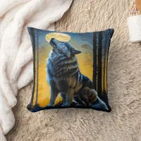 Moonlit Wolf Howling at Dusk.  Throw Pillow