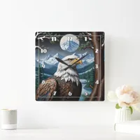 Majestic Bald Eagle in Snowy Mountain Landscape Square Wall Clock