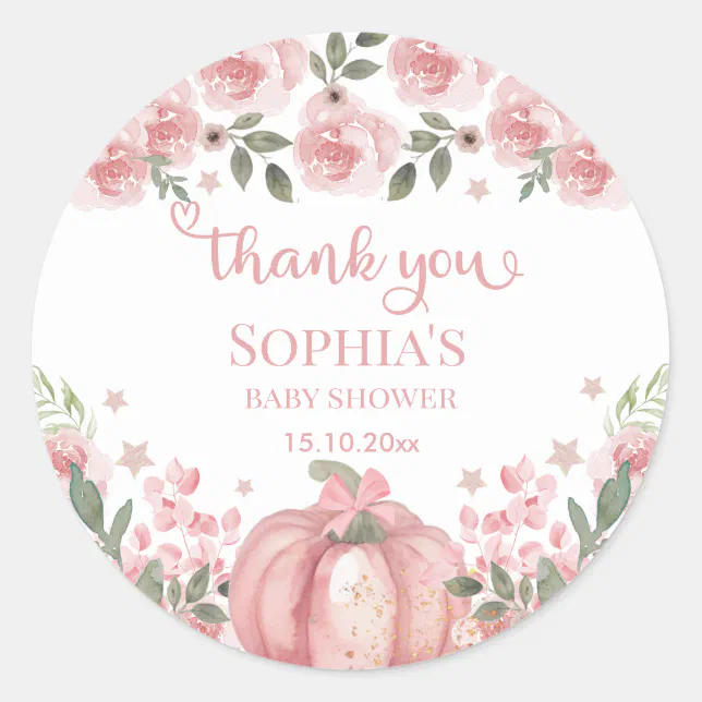 pink Pumpkin Floral Girl Baby Shower Thank You Classic Round Sticker