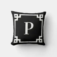 Black and White Greek Key Border Monogram Throw Pillow