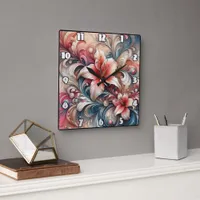 Lily Blossoms Amid Swirling Patterns Square Wall Clock