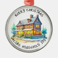 Personalized Log Cabin Christmas Metal Ornament