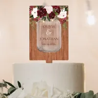 Rustic Wood Burgundy Floral Mason Jar Wedding Cake Topper