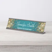 Gold Glitter Dark Turquoise Gradient Desk Name Plate