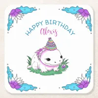 Personalized Birthday Girl Axolotl Themed Square Paper Coaster