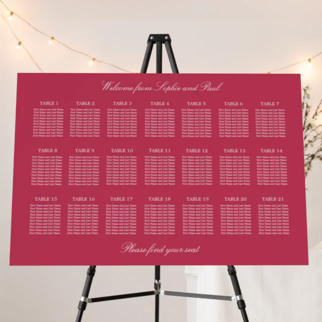 Carmine Magenta 21 Table Wedding Seating Chart Foam Board