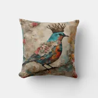 Bird in a Crown Mixed Media Collage Throw Pillow