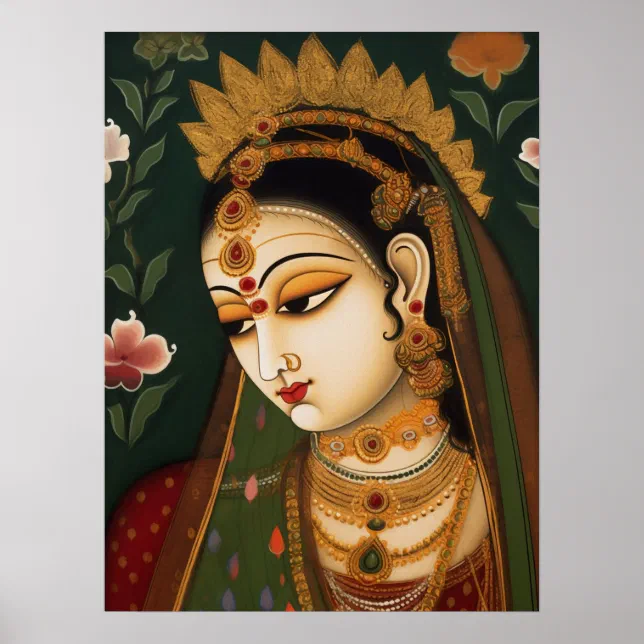 Vintage Indian Woman Portrait Pichwai Painting Poster
