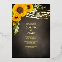 Sunflower Yellow Rustic String Light Wedding Foil Invitation