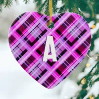 Pink Plaid Monogram Christmas Tree Hanging Ceramic Ornament