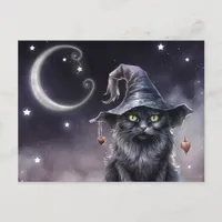 Black Halloween Cat Wearing a Witch Hat Postcard