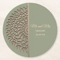 Elegant Modern Sage green & gold classic Square Pa Round Paper Coaster