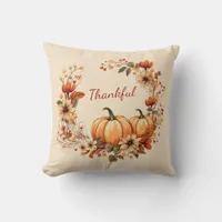 Thankful Pumpkin and Autumn Flowers Wreath Throw Pillow