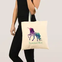 Personalized Watercolor Purple Blue Green Unicorn Tote Bag