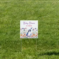 Baby Penguin in Flowers Girl's Baby Shower is Here Sign