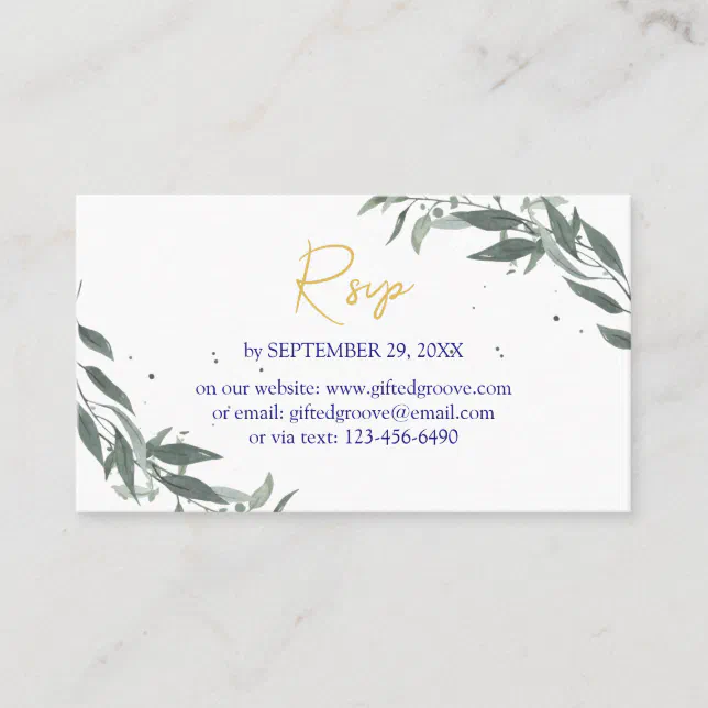 Simple Eucalyptus Greenery Navy Blue and Gold RSVP Business Card