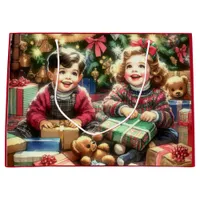 Sweet Nostalgic Children on Christmas to and from Large Gift Bag