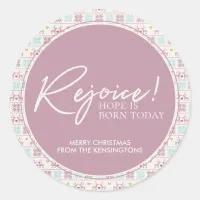 Rejoice Christmas Pastel Typography Snowflake Classic Round Sticker