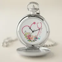 Pink Floral Stethoscope Heart Nurse Doctor Pocket Watch