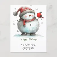 Whimsical Cute Snowman and Red Bird Happy Holidays Postcard