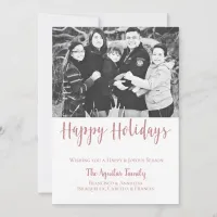 Happy Holidays Rose Gold Pink Faux Glitter Photo Holiday Card