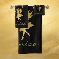 Gold Fairies with Pixie Dust on Black Monogram | Bath Towel Set