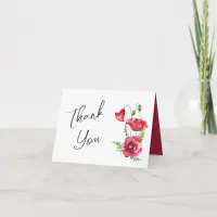 Rustic Elegant Watercolor Script Red Poppy Wedding Thank You Card